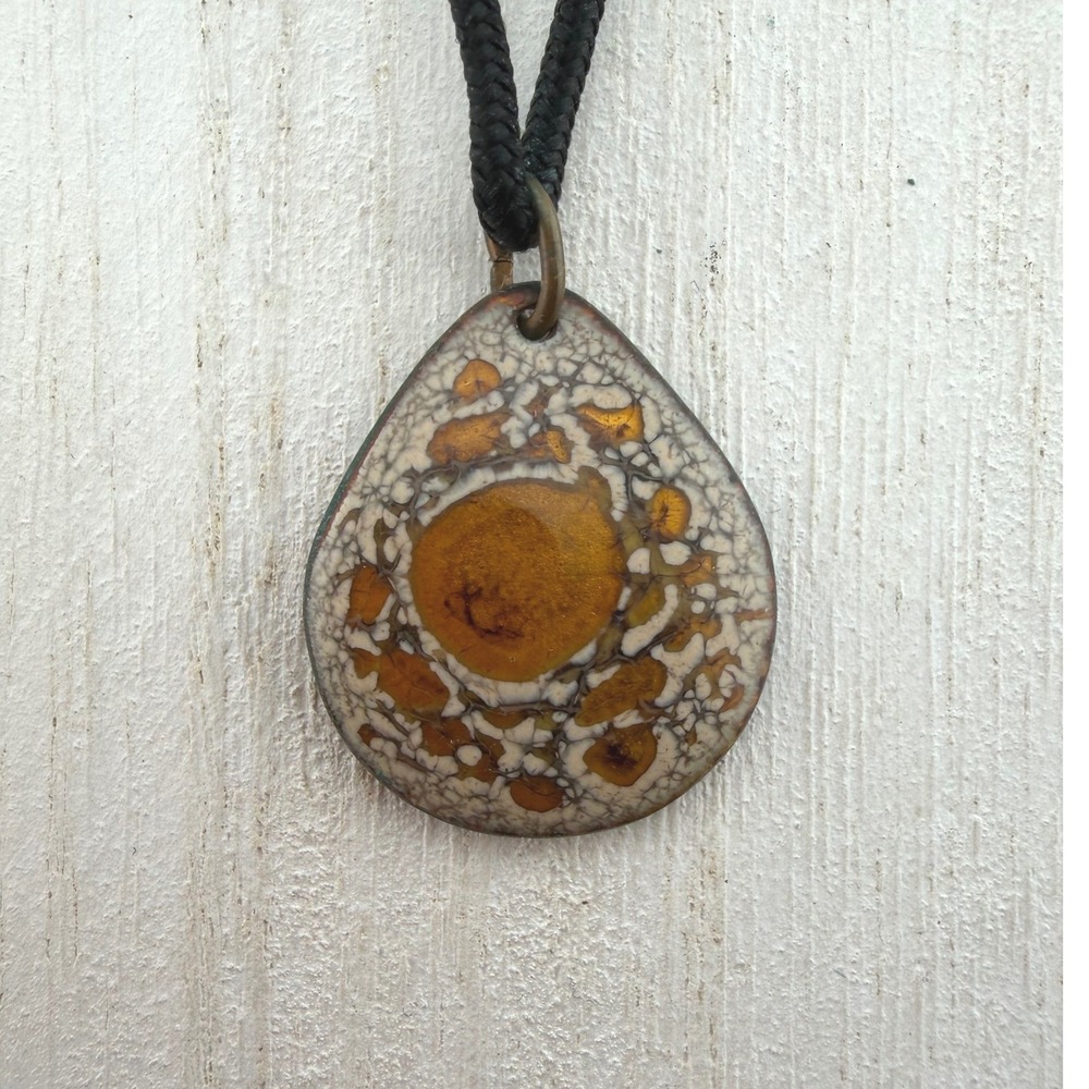 Lorraine Pfeil Teardrop Pendant Cream Brown Enamel Copper Artisan Boho Vintage